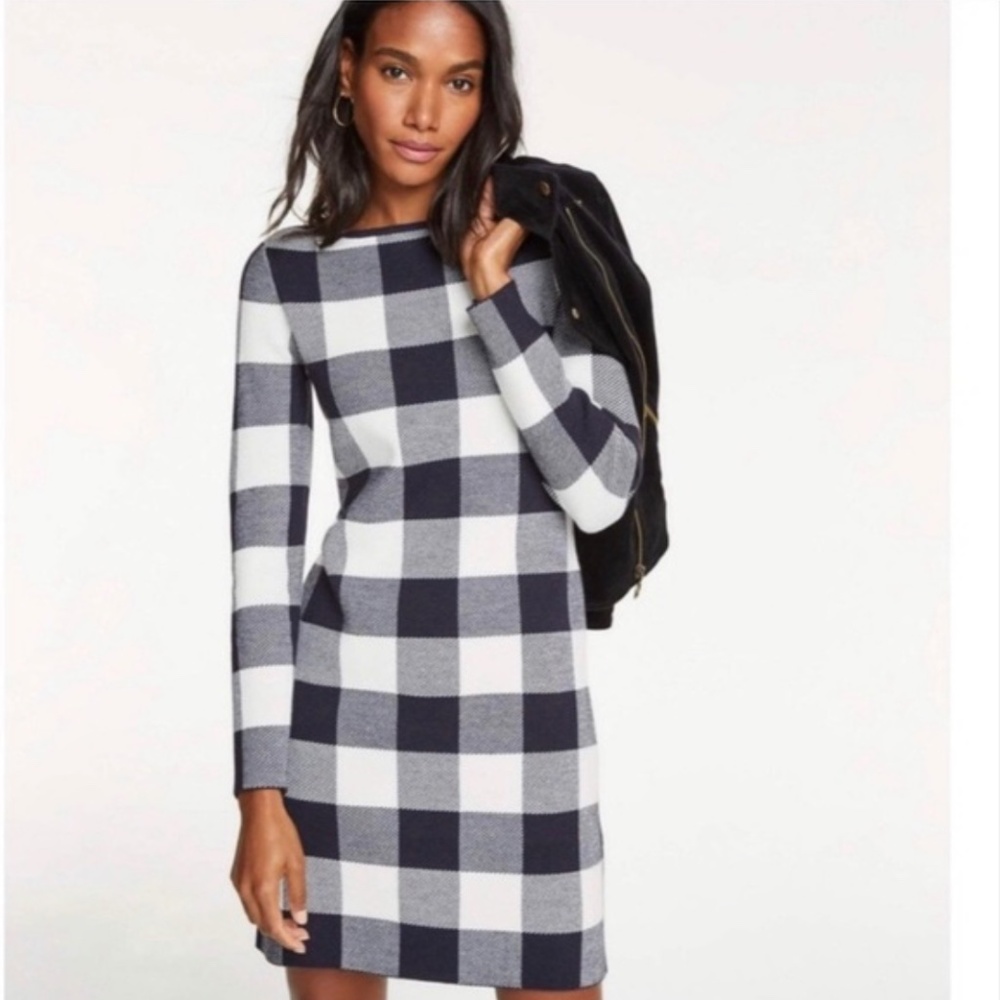 Ann Taylor - Buffalo Plaid Sweater Dress in Navy Blue and White